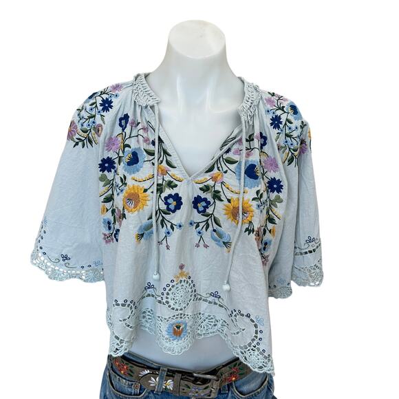 SEA New York Blue Embroidered Crop Top LARGE Boho Cottage Designer Boho $400 - Picture 7 of 11